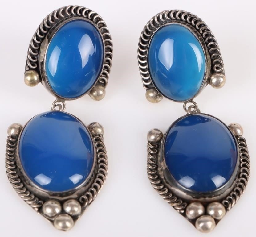 STERLING SILVER BLUE CHALCEDONY CABOCHON EARRINGS (1 of 3)