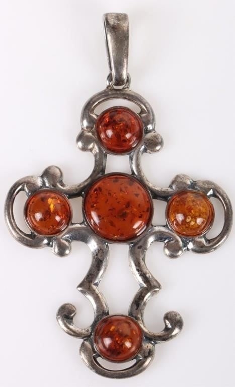 VINTAGE STERLING SILVER AMBER CROSS PENDANT (1 of 2)