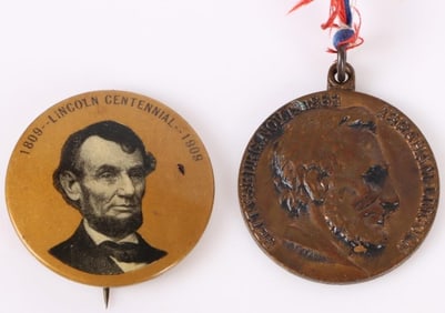 ANTIQUE 50TH & 100TH ABRAHAM LINCOLN PIN/MEDAL