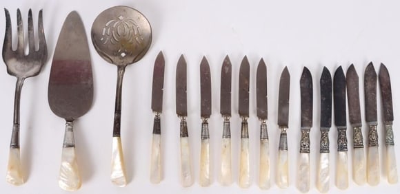 ANTIQUE STERLING SILVER MOP HANDLE FLATWARE SET