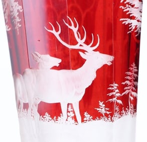 22' TALL BOHEMIAN RUBY RED ETCHED TRUMPET VASE