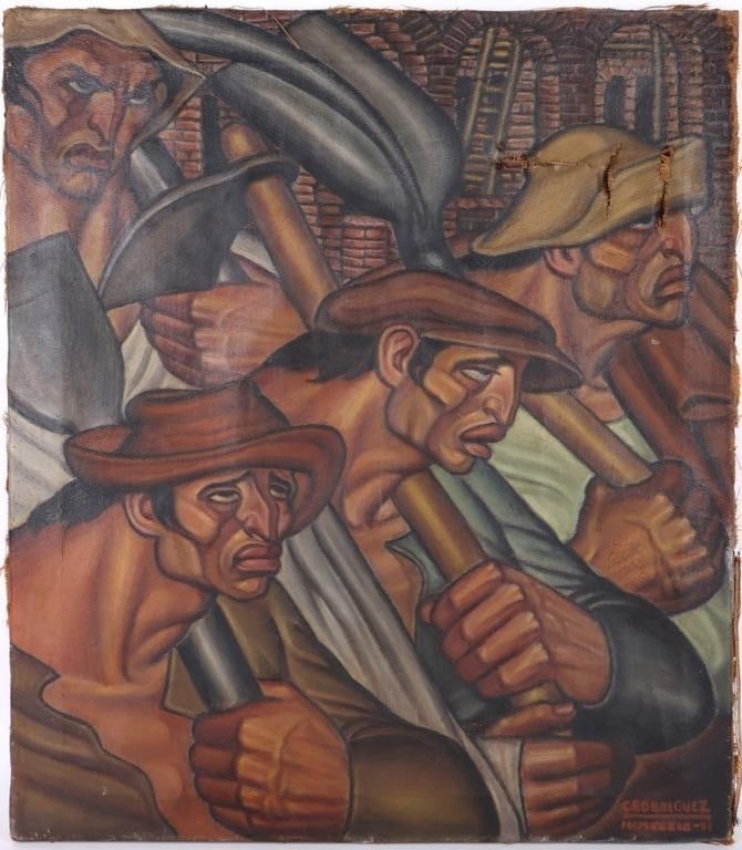 C. RODRIGUEZ 1939 LATIN AMERICAN OIL PAINTING: Antique C. Rodriguez 1939 Latin American original oil painting depicting angry, tired workers. Size: 23.5 X 27.5" Condition: Painting is unframed and fraying at the edges, has significant damage to th