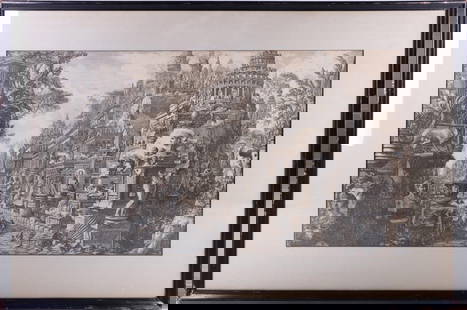 GIOVANNI PIRANESI 'APPIAN WAY' EATCHING PRINT: Antique Giovanni Battista Piranesi "Appian Way" etching print. This etching is modeled after the famous etching Piranesi's frontispiece for "La antichit? romane." Piranesi was an Italian classical arc