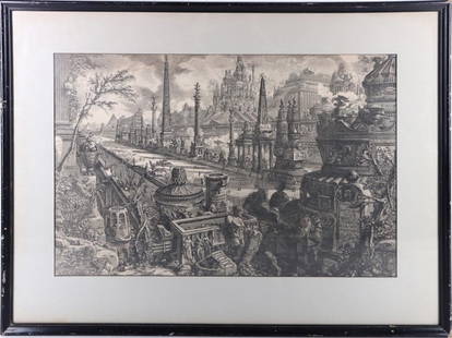 GIOVANNI PIRANESI 'FICTIONAL ROME' EATCHING PRINT: Antique Giovanni Battista Piranesi "Fictional View of Rome" etching print. Piranesi was an Italian classical archaeologist, architect, and artist, famous for his etchings of Rome and of fictitious and