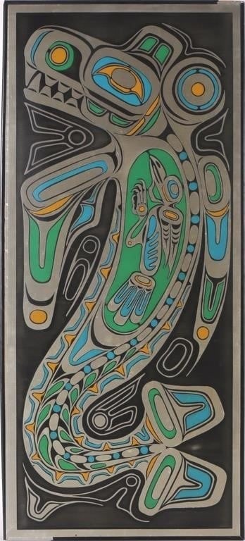 RAVEN & THE WHALE HAND-ETCHED ALUMINUM PLAQUE: Raven and The Whale Story hand-etched aluminum plaque, made in the Orchard Studio in British Columbia Canada. Plaque has original story on the back.Size: 16.25 X 36.25"Condition: Frame needs repair, e