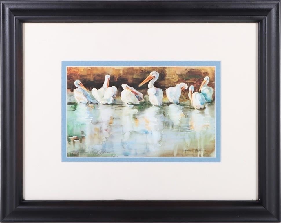 SIGNED STEPHANIE HOFFMAN 'PELICANS' GICLEE W/ COA: Signed Stephanie Hoffman "Pelicans" limited giclee print 16/100 framed w/ COA to include a signature from Stephanie Hoffman. Not much is known about this talented artist Stephanie Hoffman.Size: 18.75"