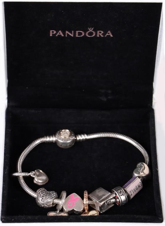 PANDORA 8' STERLING BRACELET WITH 9 CHARMS (1 of 5)