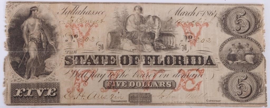 1864 STATE OF FLORIDA TALLAHASSEE $5 CSA BANKNOTE: 1864 State of Florida Tallahassee $5 obselete banknote minted on March 1st, 1864. This bill was minted during the civil war as a part of the Confederacy No. 202 hand signed by the governor and treasur