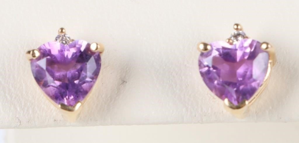 14K GOLD 2CTW AMETHYST & DIAMOND HEART EARRINGS (1 of 4)