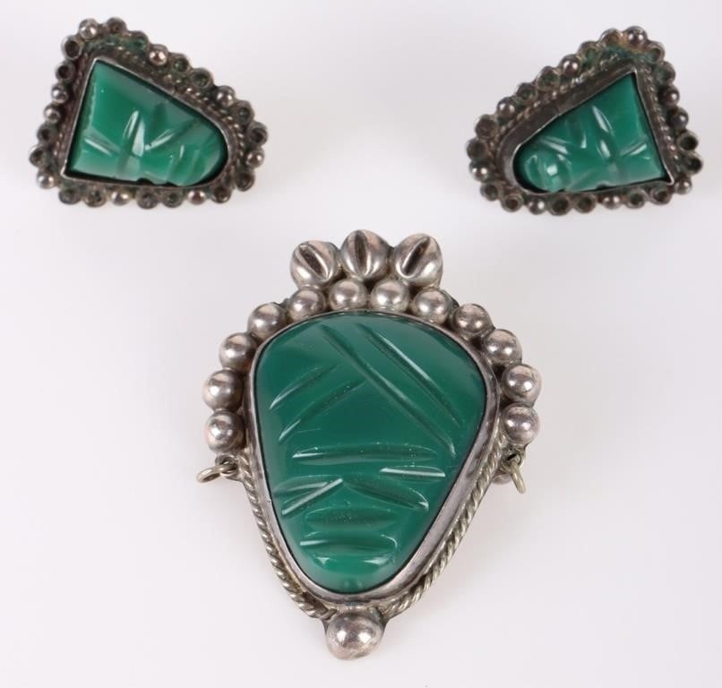 MEXICO STERLING SILVER GREEN ONYX JEWELRY SET (1 of 4)