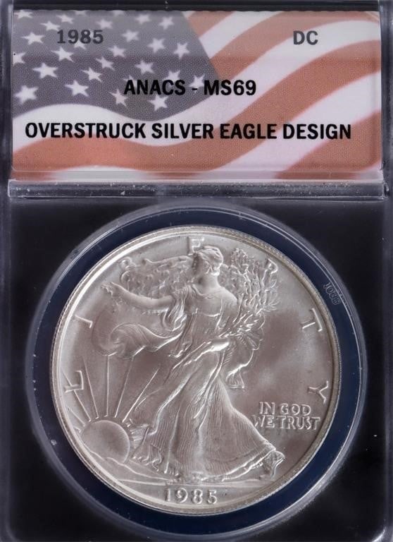 1985 OVERSTRUCK FINE SILVER EAGLE ANACS MS69 (1 of 3)