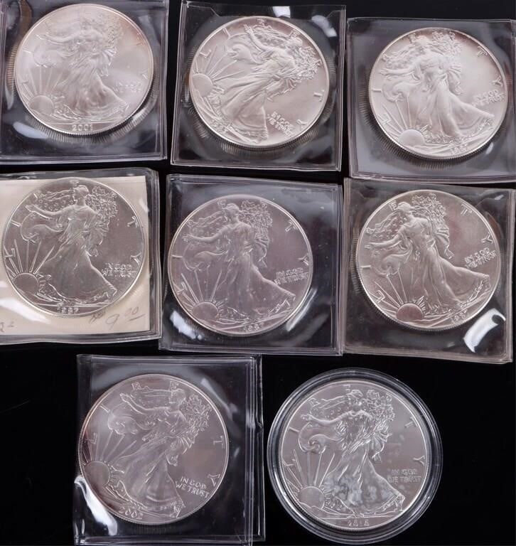 ASSORTED FINE SILVER $1 AMERICAN EAGLES - (8) (1 of 7)