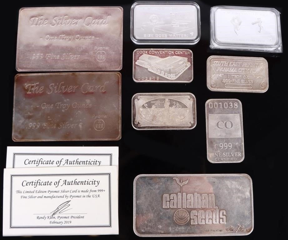 ASSORTED FINE SILVER BARS/ CARDS - (9) (1 of 6)