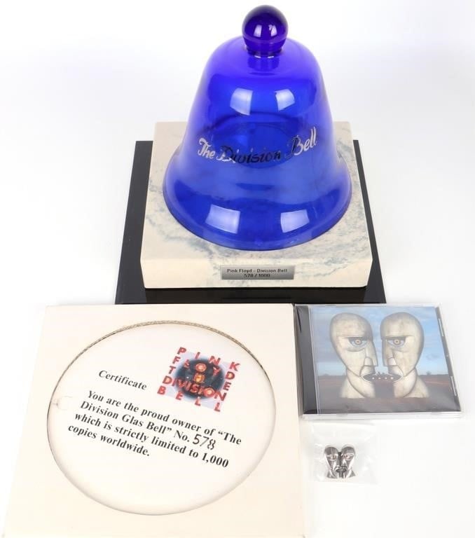 PINK FLOYD DIVISION BELL, PIN & LMTD EDITION CD: Pink Floyd Division Bell or "The Division Glass Bell" no. 578/1000 8" tall on genuine marble base with a collector's pin and limited edition CD. Comes with custom acrylic display case. Size: 10 X 10"