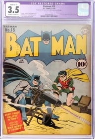 BATMAN #15 WW2 GUN COVER CGC RESTORED 3.5