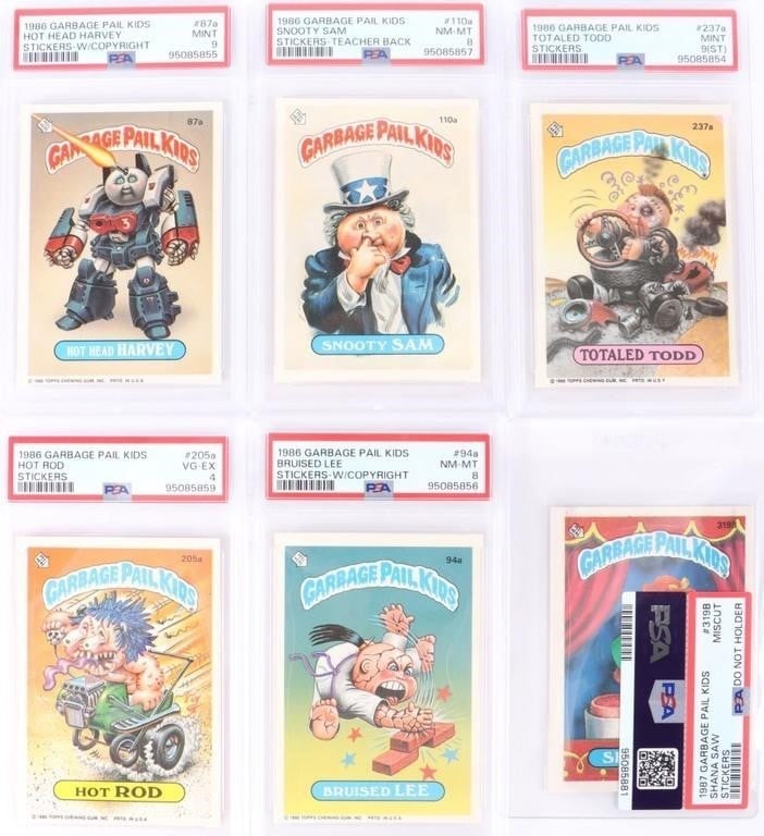 1986 &1987 GARBAGE PAIL KIDS PSA GRADED CARDS: 1986 and 1987 Garbage Pail Kids Stickers to include 1987 Shana Saw #319b (Miscut), 1976: one Hot Head Harvey (w/copyright) #87a PSA 9, one Snooty Sam (teacher back) #110a PSA 8, one Totaled Todd #237a
