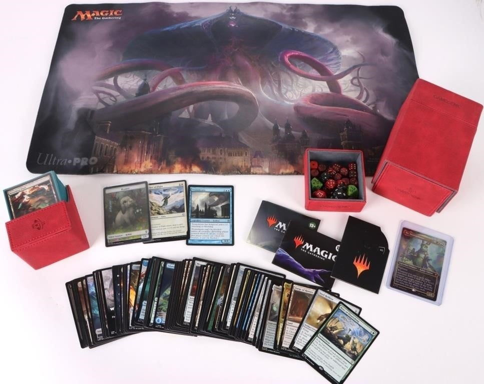 MTG STOCK & GAMEGENIC START DECK W/ ULTRA PRO MAT: MTG stock & Gamegenic start deck w/ ultra pro mat to include one Eldritch Moon Emrakul MTG Ultra Pro playmat, one stockdeck, and a Gamegenic deck including all dice and an assortment of good MTG cards