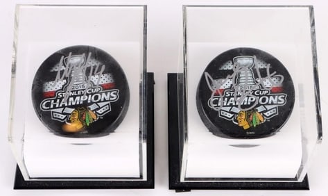 QUENNEVILLE & HJALMARSSON 2015 AUTOGRAPHED PUCKS