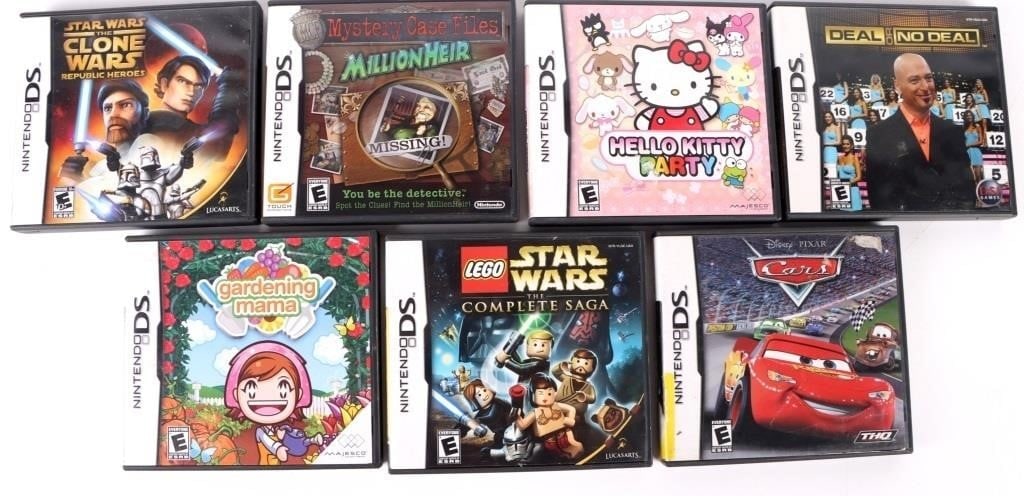 NINTENDO DS GAMES W/ CASES - LOT OF 7: Nintendo DS games with cases to inlcude one Hello Kitty party, one Deal or No Deal, one Disney Pixar Cars, one Star Wars: The complete Saga, one Gardening Mama, one Mystery Case Files: Million Heir, a