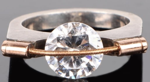 14K GOLD & STERLING BRUTALIST STYLE CZ LADIES RING