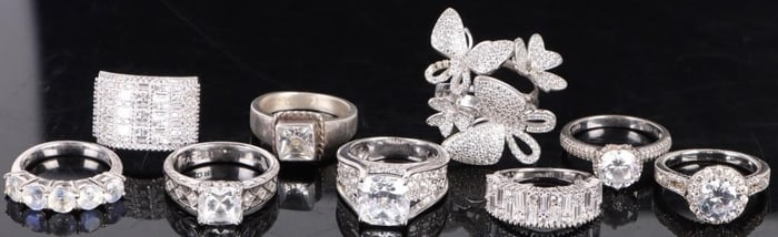 STERLING SILVER CZ LADIES RINGS LOT OF 9
