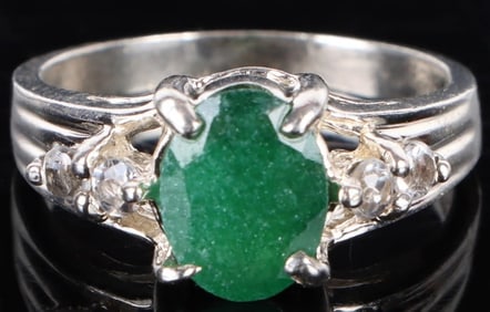 1CT JADE & WHITE TOPAZ STERLING SILVER LADIES RING