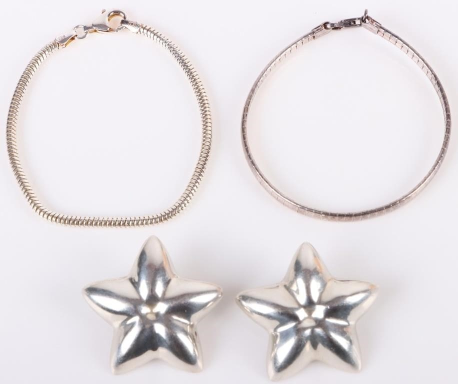 STERLING SILVER LADIES BRACELET & EARRINGS: Sterling silver bracelets and clip on earrings. Bracelets measure 7" in length. Weight: 30.97 Grams Size: 7" length Condition: Very fine