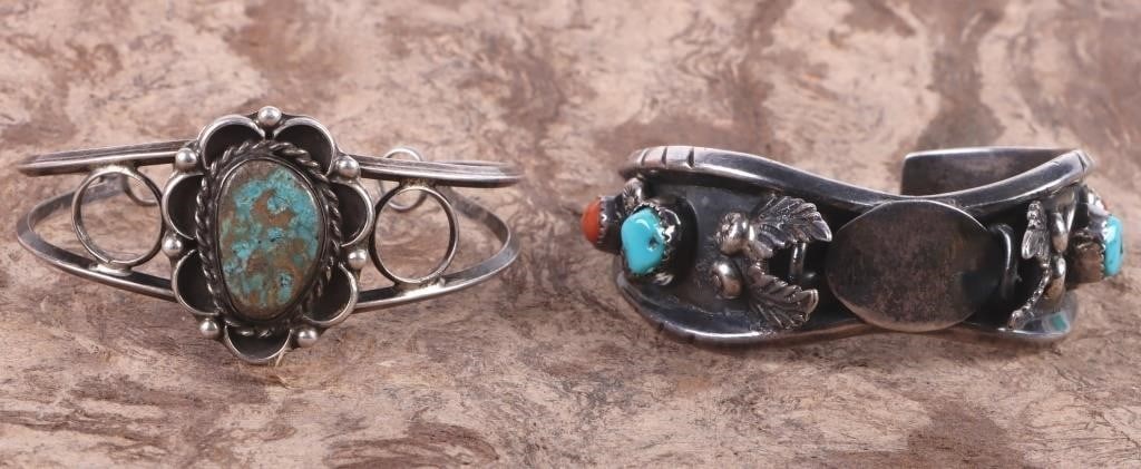 TURQUOISE SOUTHWEST-STYLE NAVAJO SILVER CUFFS: Turquoise southwest-style Navajo sterling silver cuff bracelets. one cuff is signed " DAN." Stone Type: Assorted Weight: 58.3 Grams Size: 7.0" length Condition: Very fine.