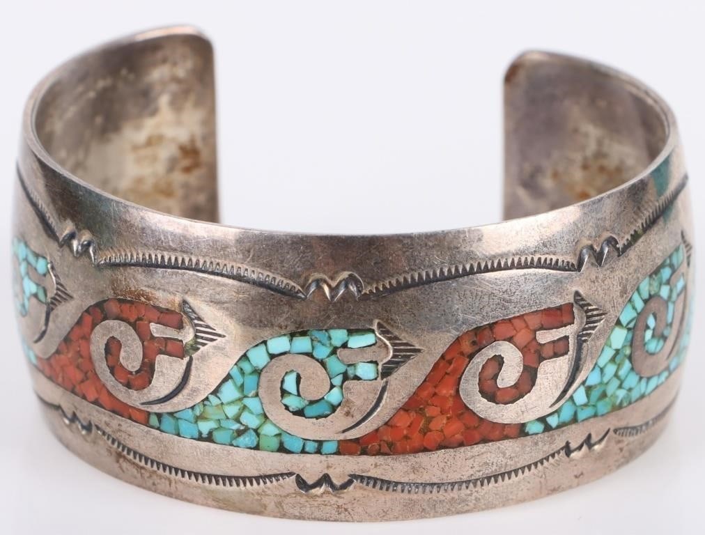 SOUHWEST NAVAJO STERLING MOSAIC STONE BRACELET (1 of 4)