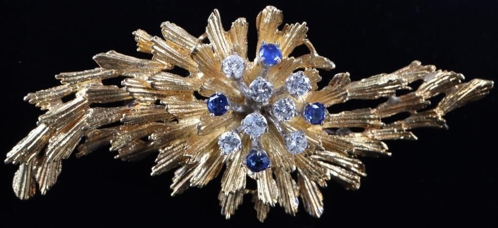 18K YELLOW GOLD DIAMOND SAPPHIRE LARGE BROOCH (1 of 3)