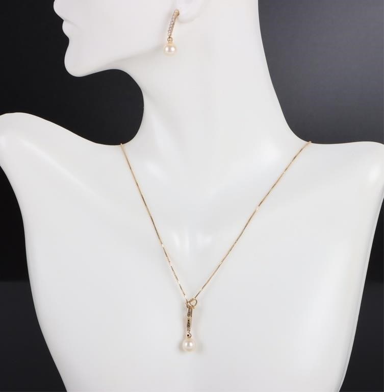 10K GOLD PEARL & DIAMOND NECKLACE & EARRING SET (1 of 7)