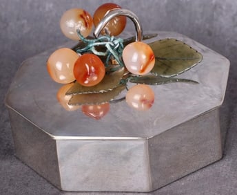 VINTAGE 0.800 SILVER CARNELIAN GRAPE VINE TEA TIN