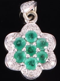 14K WHITE GOLD EMERALD DIAMOND FLORAL PENDANT