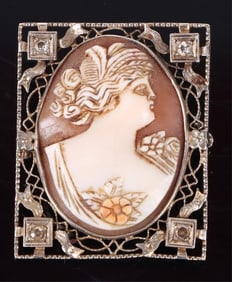 ANTIQUE 14K YELLOW GOLD DIAMOND CAMEO BROOCH