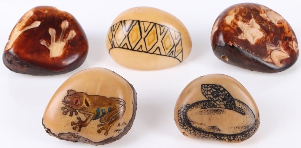 CHEUCARACAMA & TEUCAMA CARVED TAGUA NUTS: Selerino Cheucaracama and Alexander Teucama signed hand-carved Tagua nuts depicting various animals. Lot of 5. Nuts are from the Wounaan culture. The Tagua nut originated from the Amazon Jungle of Sou