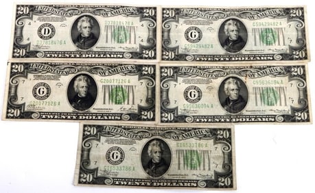 SERIES 1928 & 34 JACKSON $20 U.S. BANKNOTES - (5)