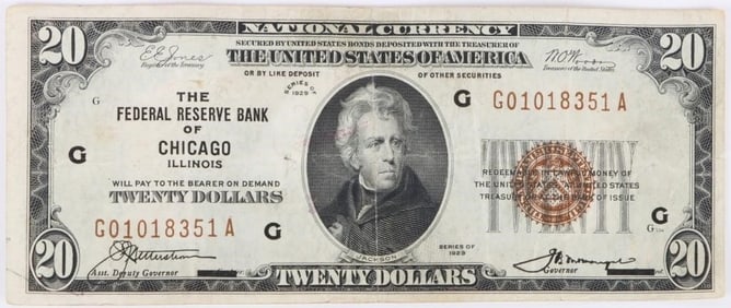 SERIES 1929 CHICAGO BROWN SEAL $20 U.S. BANKNOTE