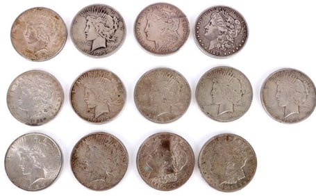 ASSORTED 90% SILVER MORGAN/ PEACE DOLLARS - (13)