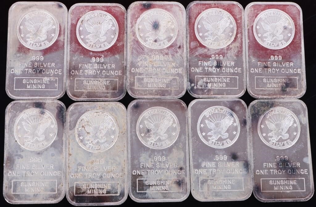 FINE SILVER 1 TROY OZ SUNSHINE MINING BULLION-(10): 10 fine silver 1 Troy Ounce Sunshine Mining bullion. Weight: 311.035 Grams Condition: Very fine.