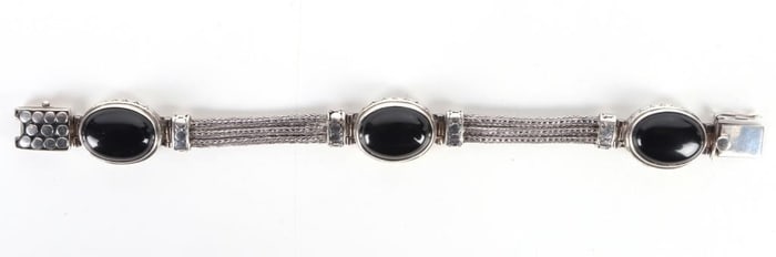 VINTAGE OVAL ONYX STERLING WHEAT CHAIN BRACELET