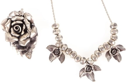 3D VINTAGE STERLING ROSE NECKLACE & PENDANT