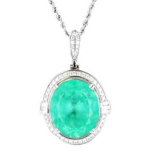 22.32CT EMERALD & 0.74CTW DIA PLATINUM NECKLACE: One electronically tested platinum ladies cast & assembled emerald and diamond pendant with chain. The pendant features an emerald set within an inner platinum basket and an outer stylized geometric d