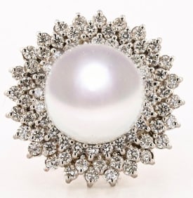 14MM SILVER SOUTH SEA PEARL DIAMOND 14K GOLD RING