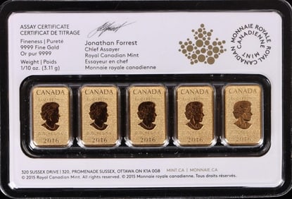 FINE GOLD CANADIAN MINT 2016 FIVE 1/10 OZ $25 BARS