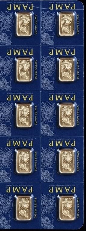 FINE GOLD PAMP ASSAY CERTIFIED TEN 1 GRAM BARS: Fine gold Pamp Assay certified ten 1 Gram bars each encased and certified with each serial number. Weight: 10.00 Grams Condition: Mint State uncirculated.