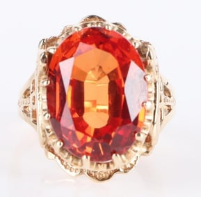 12.70CT OVAL ORANGE SAPPHIRE 10K GOLD RING