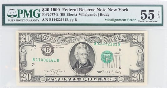 1990 $20 NY FR#2077-B MISALIGNMENT ERROR PMG 55