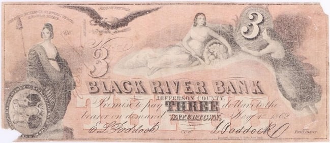 1862 NEW YORK BLACK RIVER BANK $3 OBSOLETE BILL