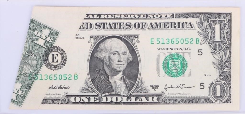 2003A SERIES $1 VA FOLDING STAMP ERROR BANKNOTE (1 of 2)