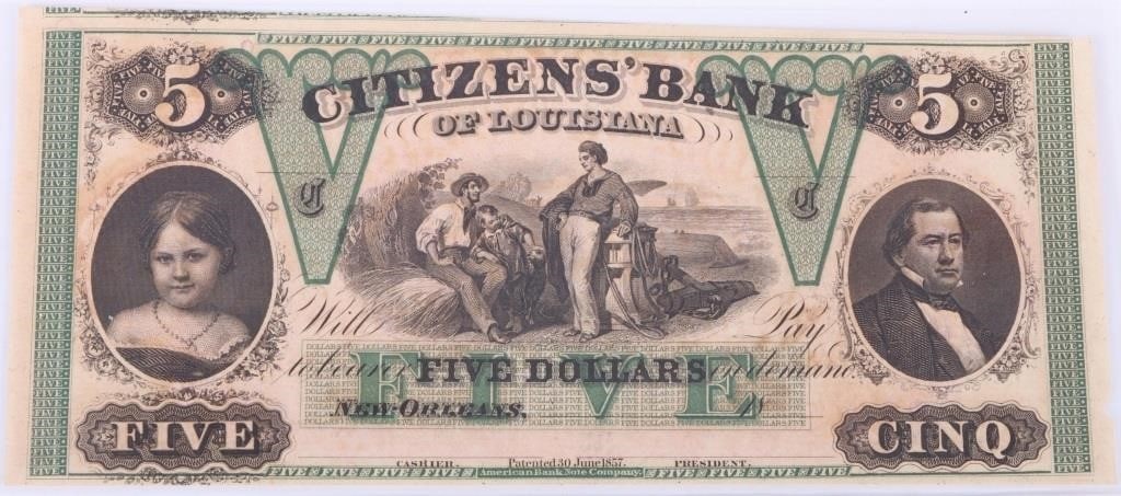 1857-1899 $5 CITIZENS BANK NEW ORLEANS CSA NOTE (1 of 2)